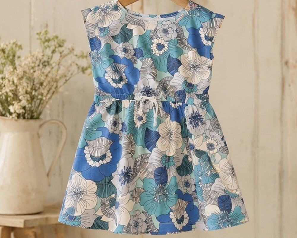 Gap Kids Girls 100% Cotton Blue Floral Elastic Waist Dress Size S 6-7